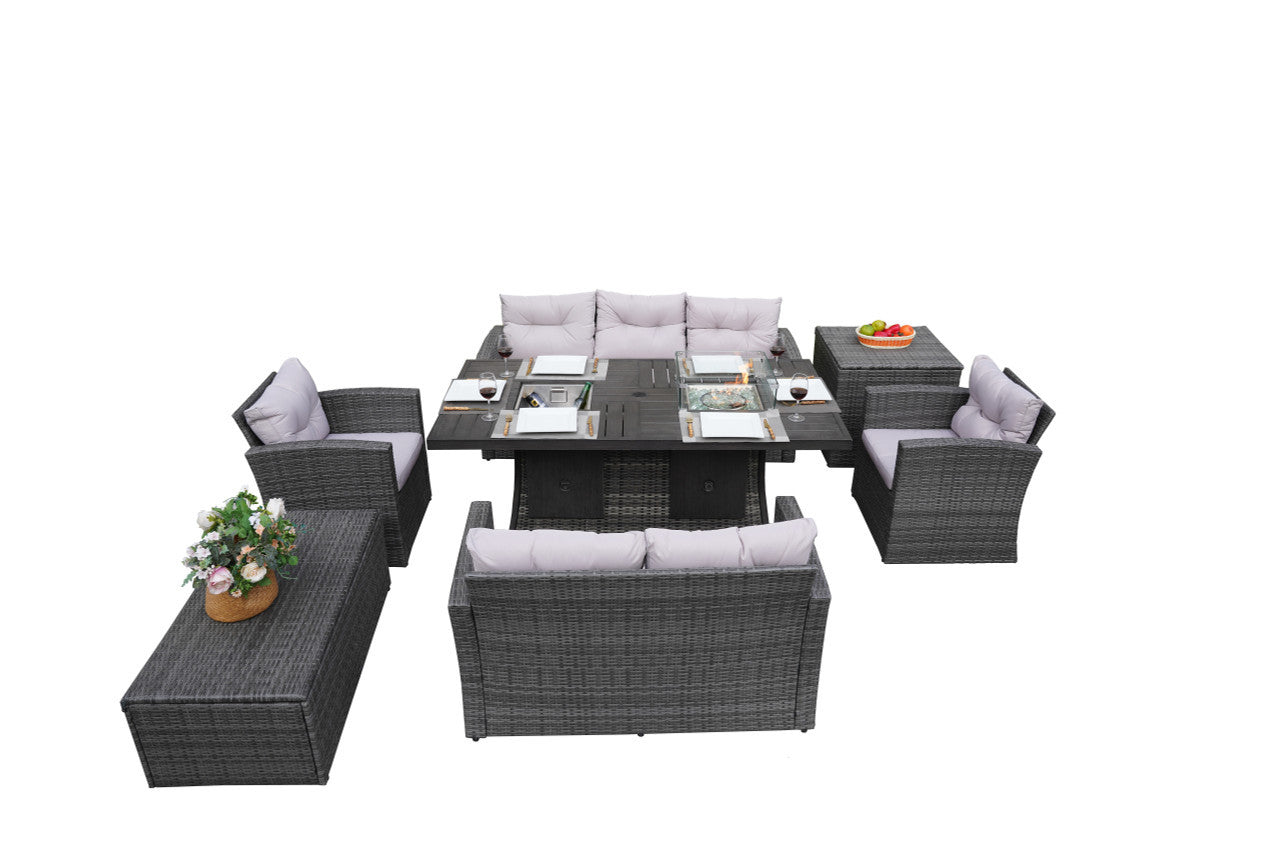 Direct Wicker Outdoor Patio Furniture Set with Rectangular Fire Pit Fire & Ice Aluminum Tabletop