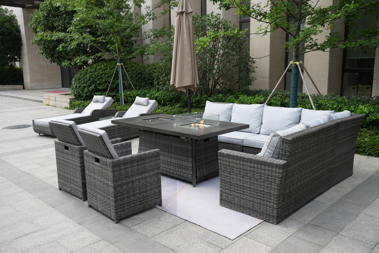 Direct Wicker Patio Gray Rattan Firepit & Ice Table and Foldable Chairs Dining Set