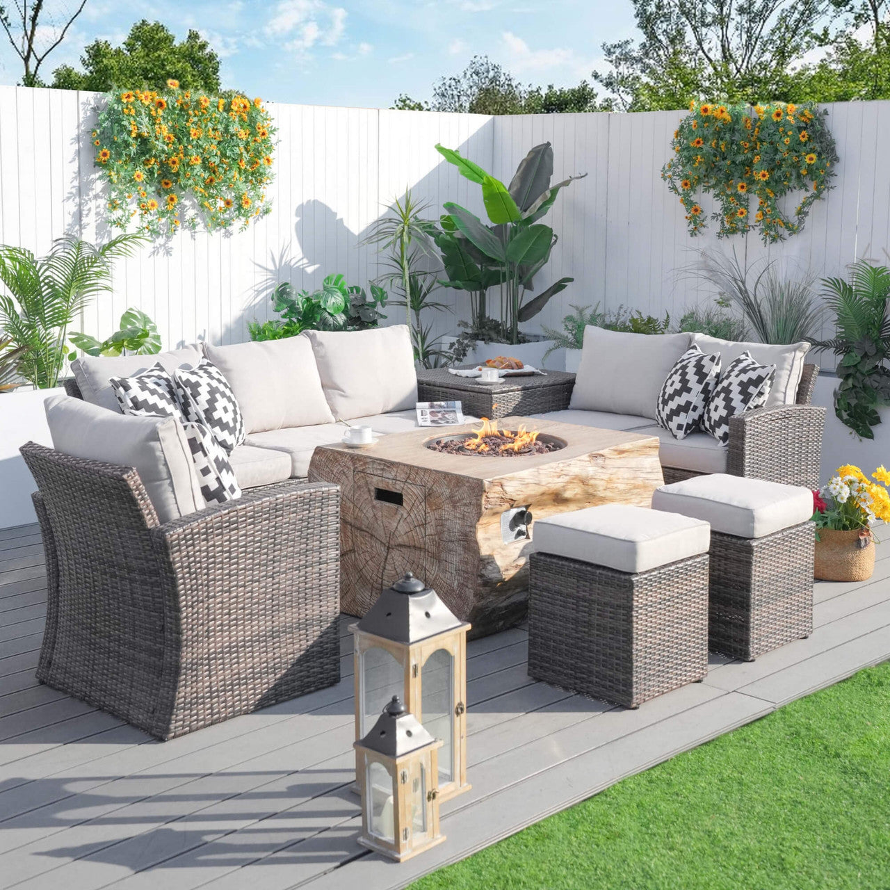 Direct Wicker's Patio Seating Sofa Set with Grain Fire Pit Table for Ultimate Comfort and Style