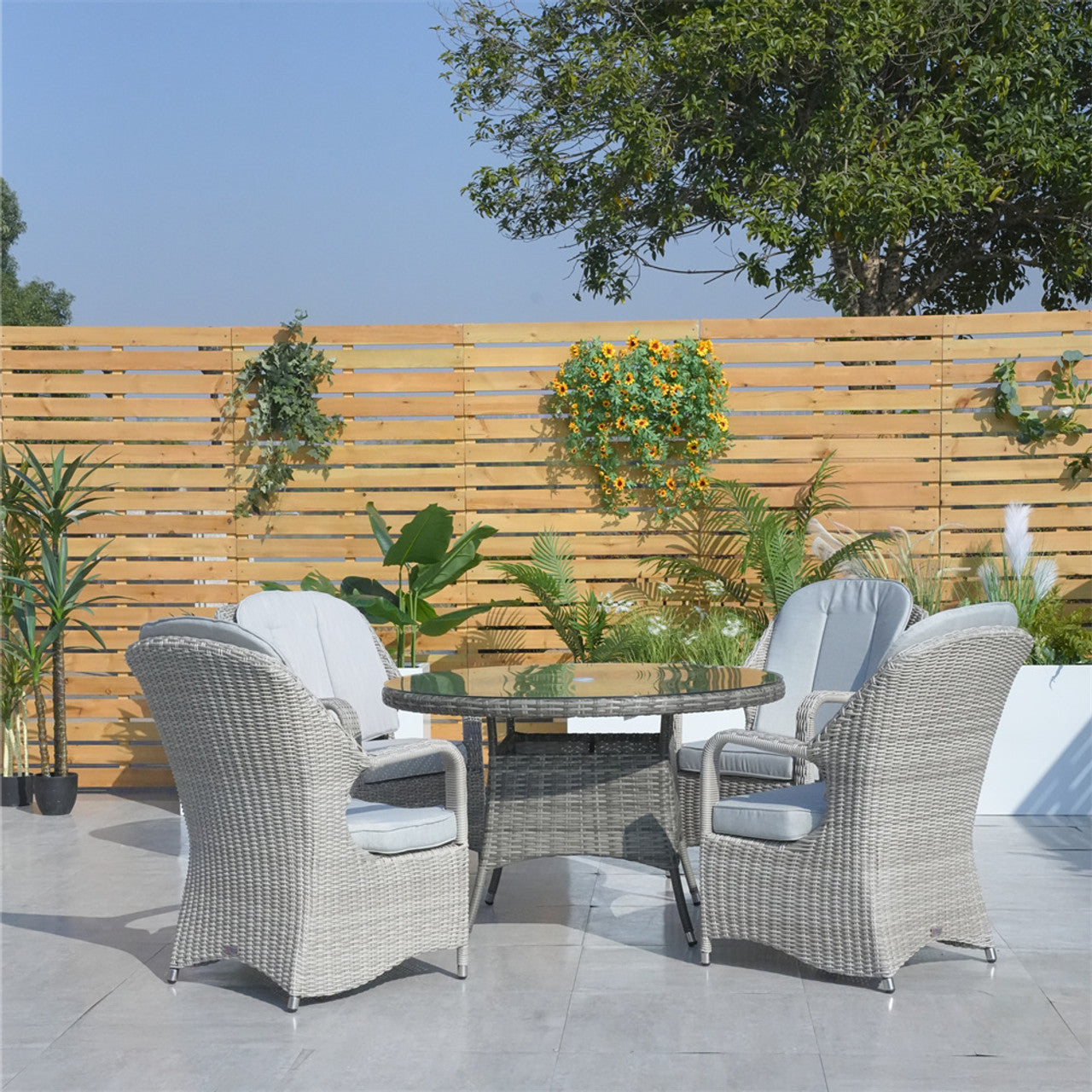 Direct Wicker Patio Wicker Dining Set with Round Table and Semi-circular Rattan Chairs