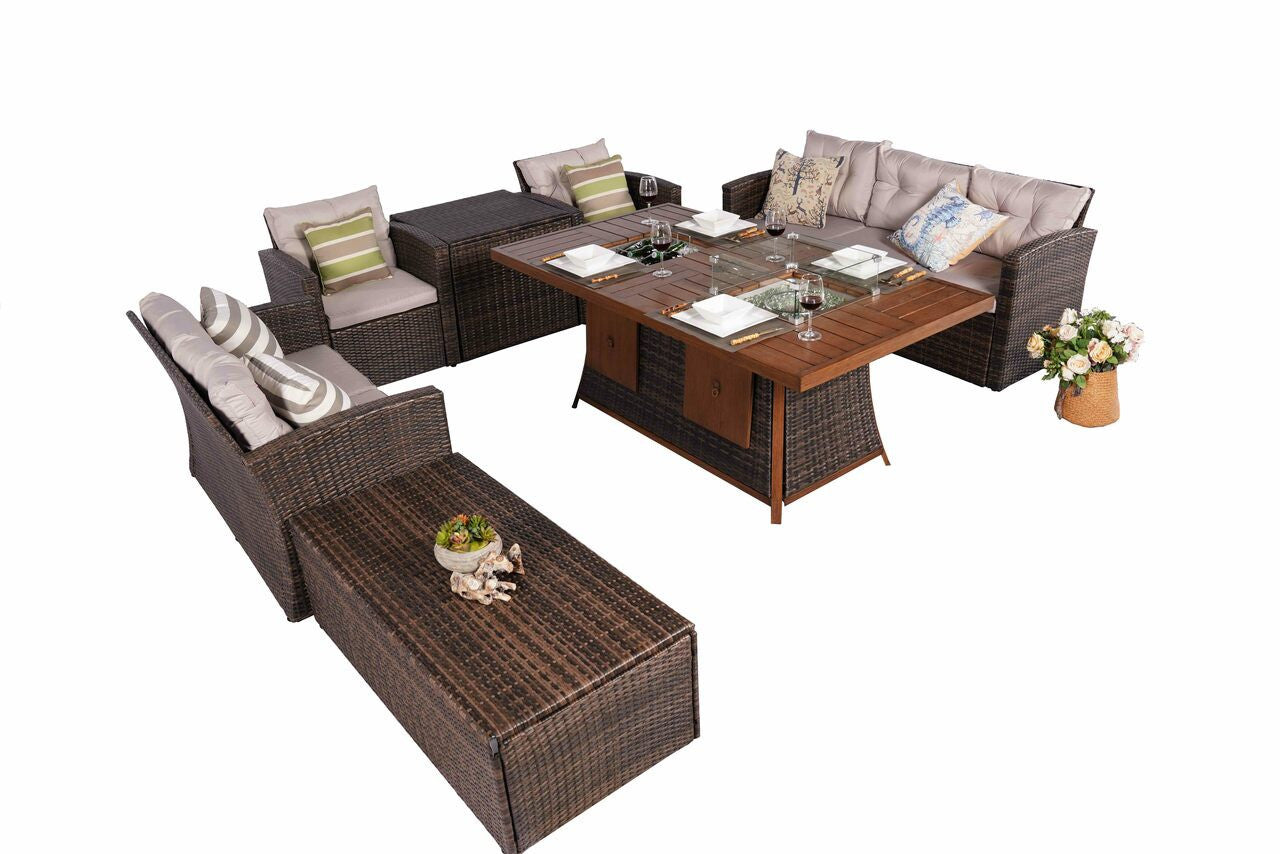 Direct Wicker Outdoor Patio Furniture Set with Rectangular Fire Pit Fire & Ice Aluminum Tabletop