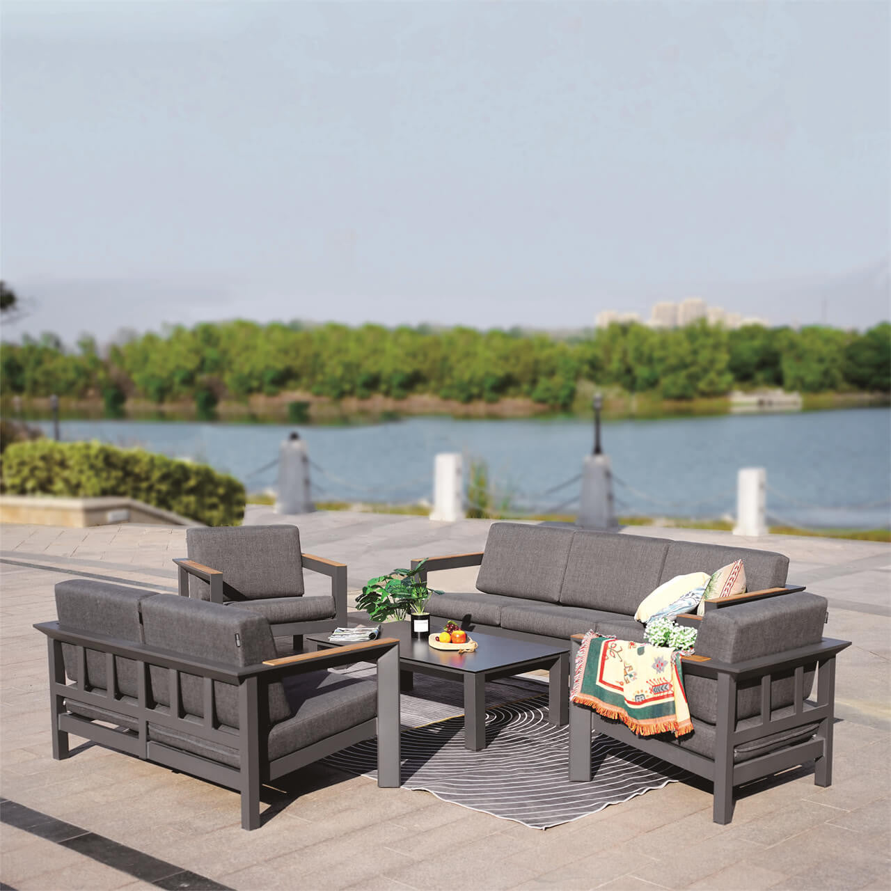 Direct Wicker 5-Piece Dark Gray Aluminum Conversational Seating Sofa Set with Teak Armrests