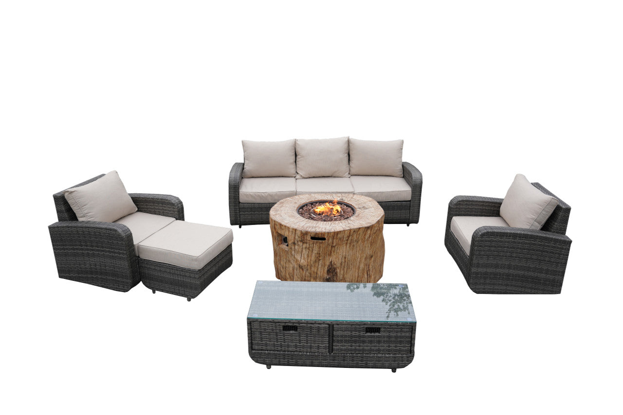 Direct Wicker 6-Piece Gray Wicker Patio Seating Sofa Set with Firepit Table