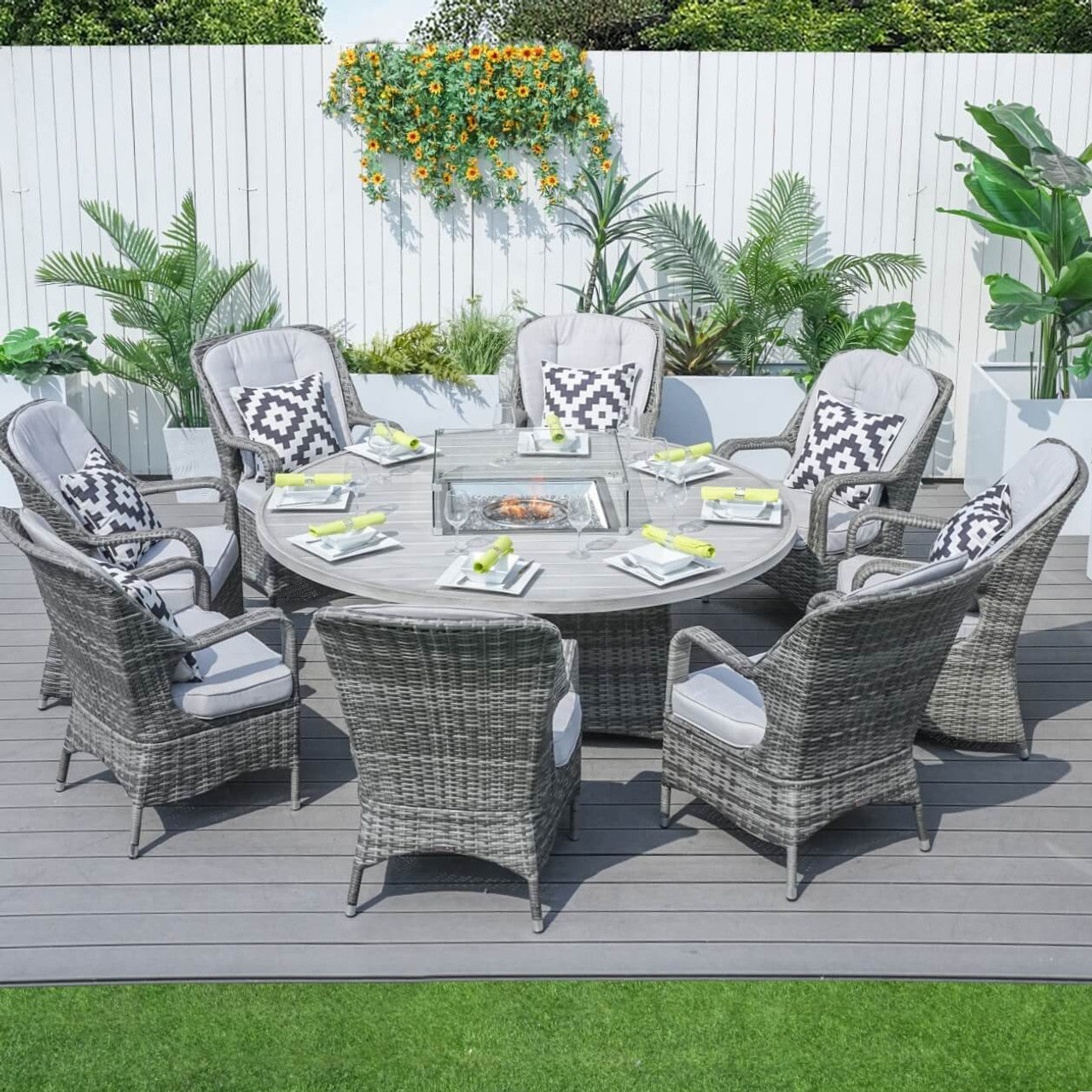 Direct Wicker's 8 Seats Round Fire Pit Set with Aluminium Tabletop & Rattan Chairs PAG-1108A