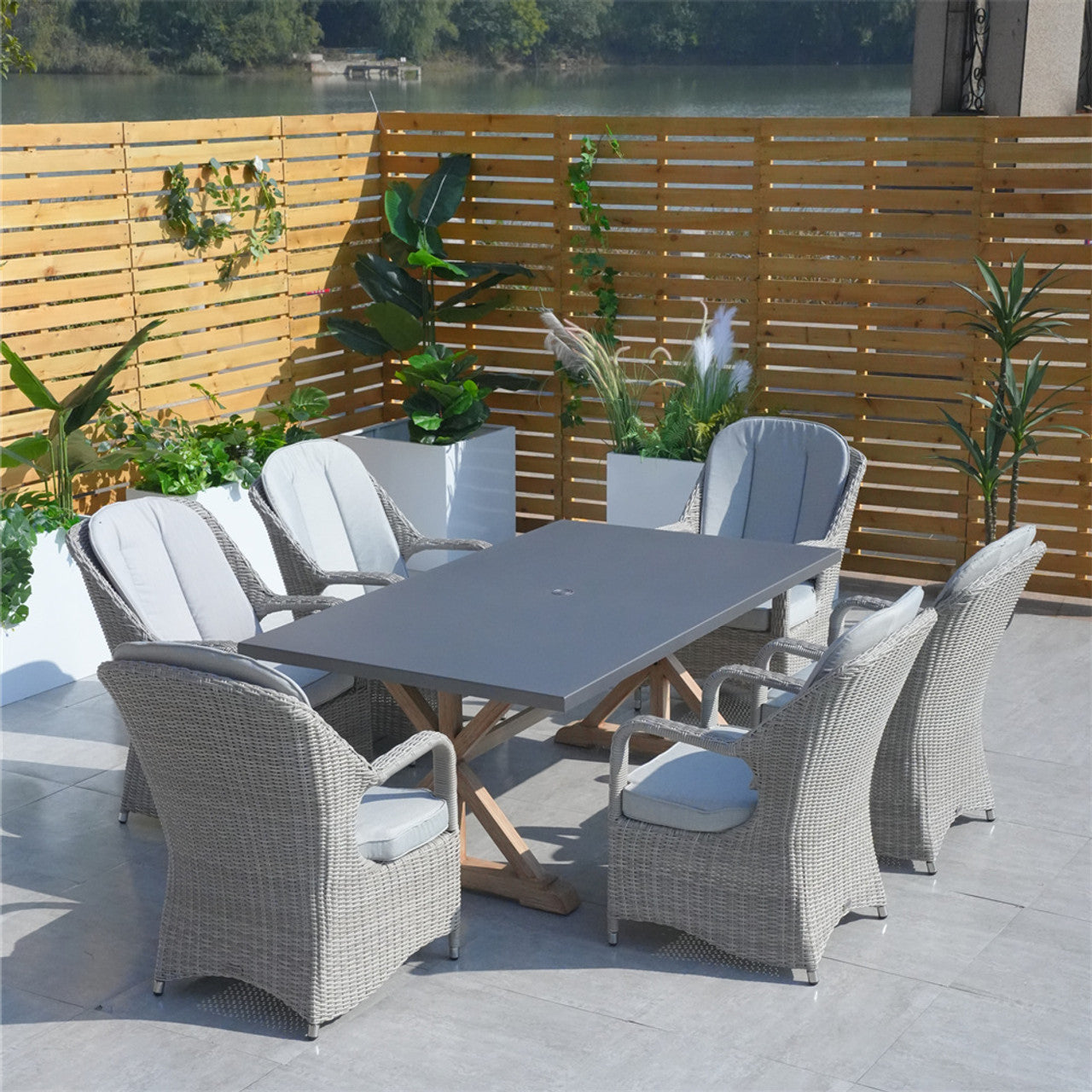 Direct Wicker Outdoor Dining Set Aluminum Table with 6 Rattan Chairs in Gray