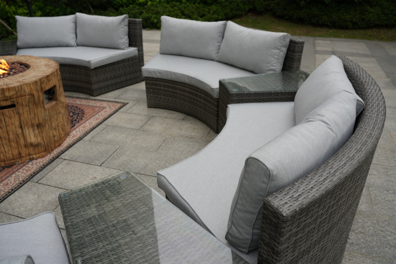 Direct Wicker Patio Half Moon Gray Wicker Seating Set with Round Grain Firepit