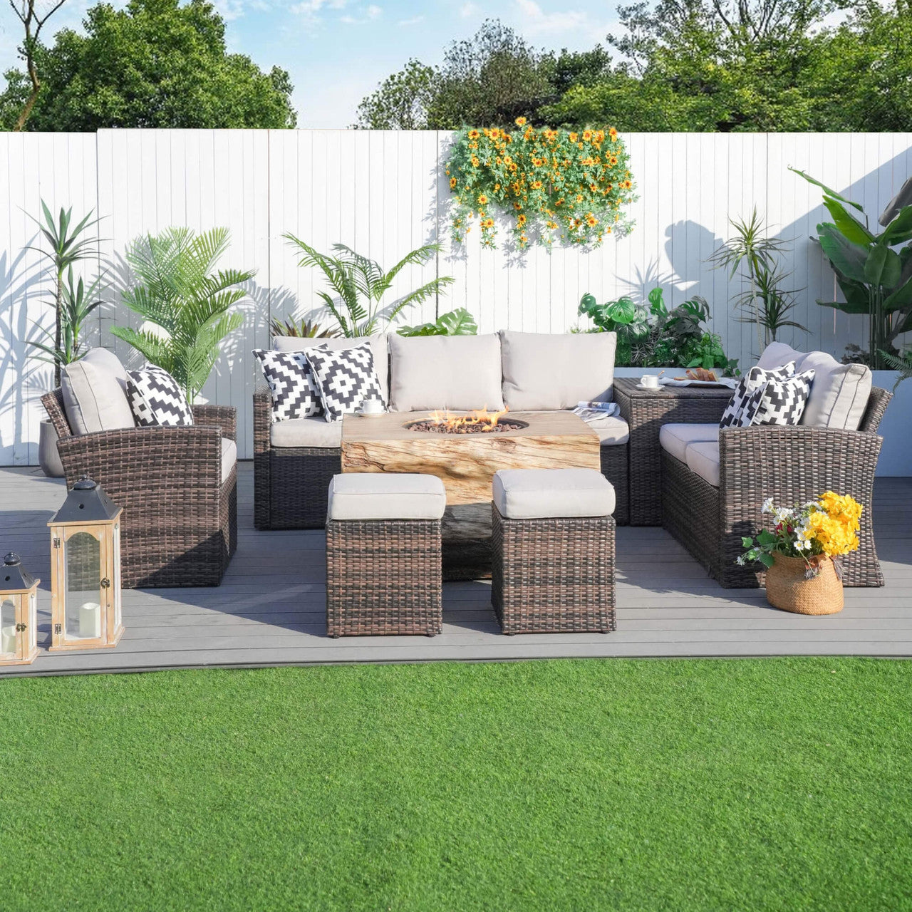 Direct Wicker's Patio Seating Sofa Set with Grain Fire Pit Table for Ultimate Comfort and Style