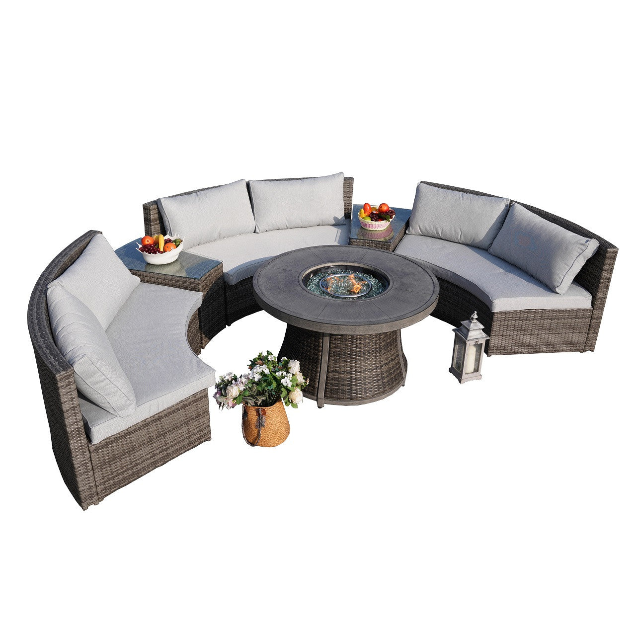 Direct Wicker Sectional Patio Gray Wicker Seating Set with Round Firepit Table