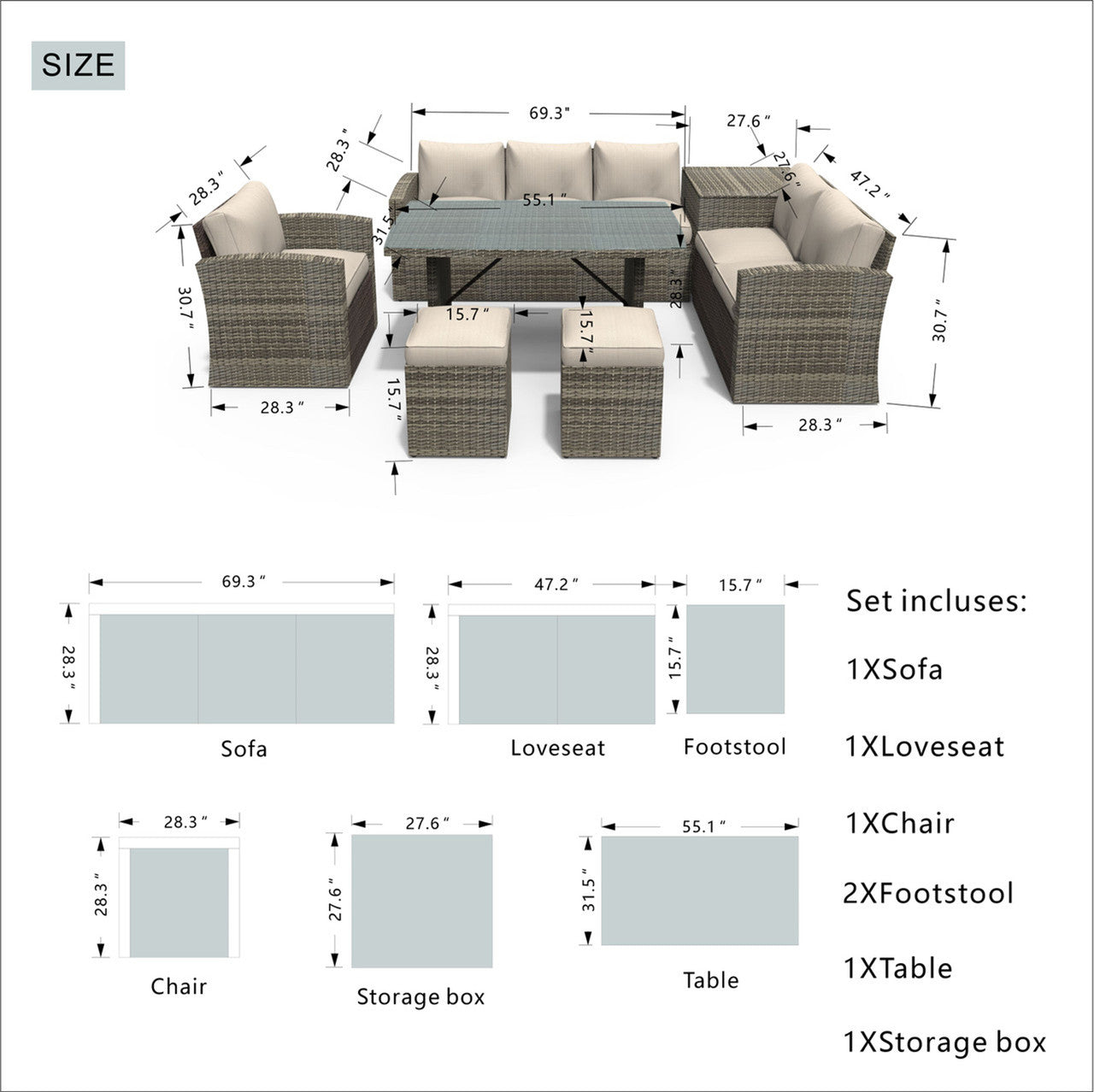 Direct Wicker's 8 Seats Outdoor Conversation Set - Patio Sofa Set PAF-1403B