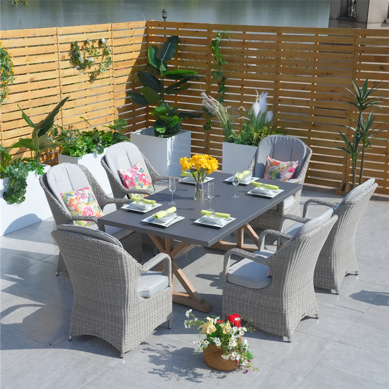 Direct Wicker Outdoor Dining Set Aluminum Table with 6 Rattan Chairs in Gray