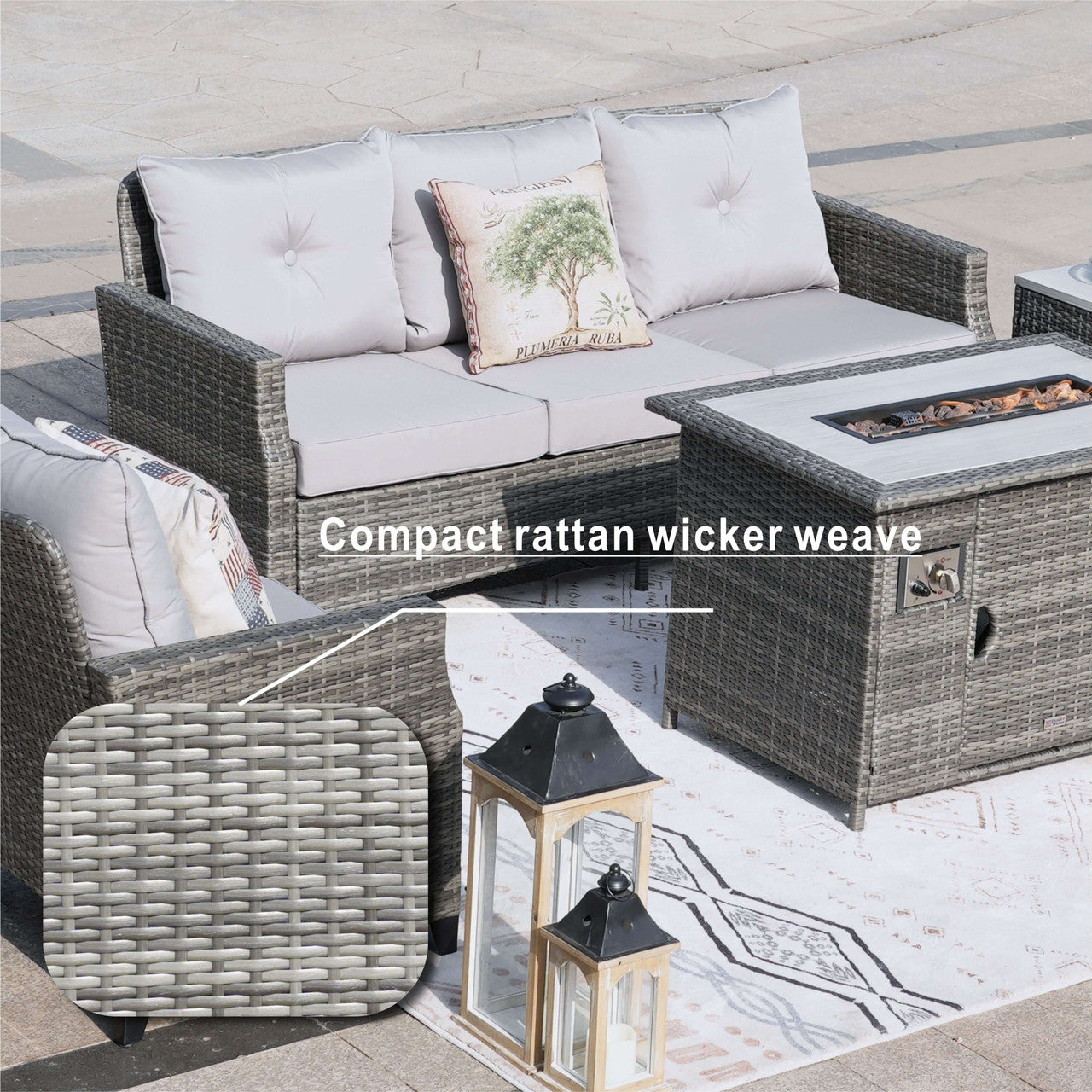 Direct Wicker 5-Piece Outdoor Patio Fire Pit Set Fire Pit Table with Seating Sofas in Gray