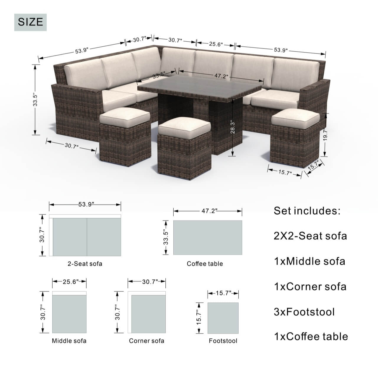 Direct Wicker 8-Piece Patio Seating Sofa Set with Cushions