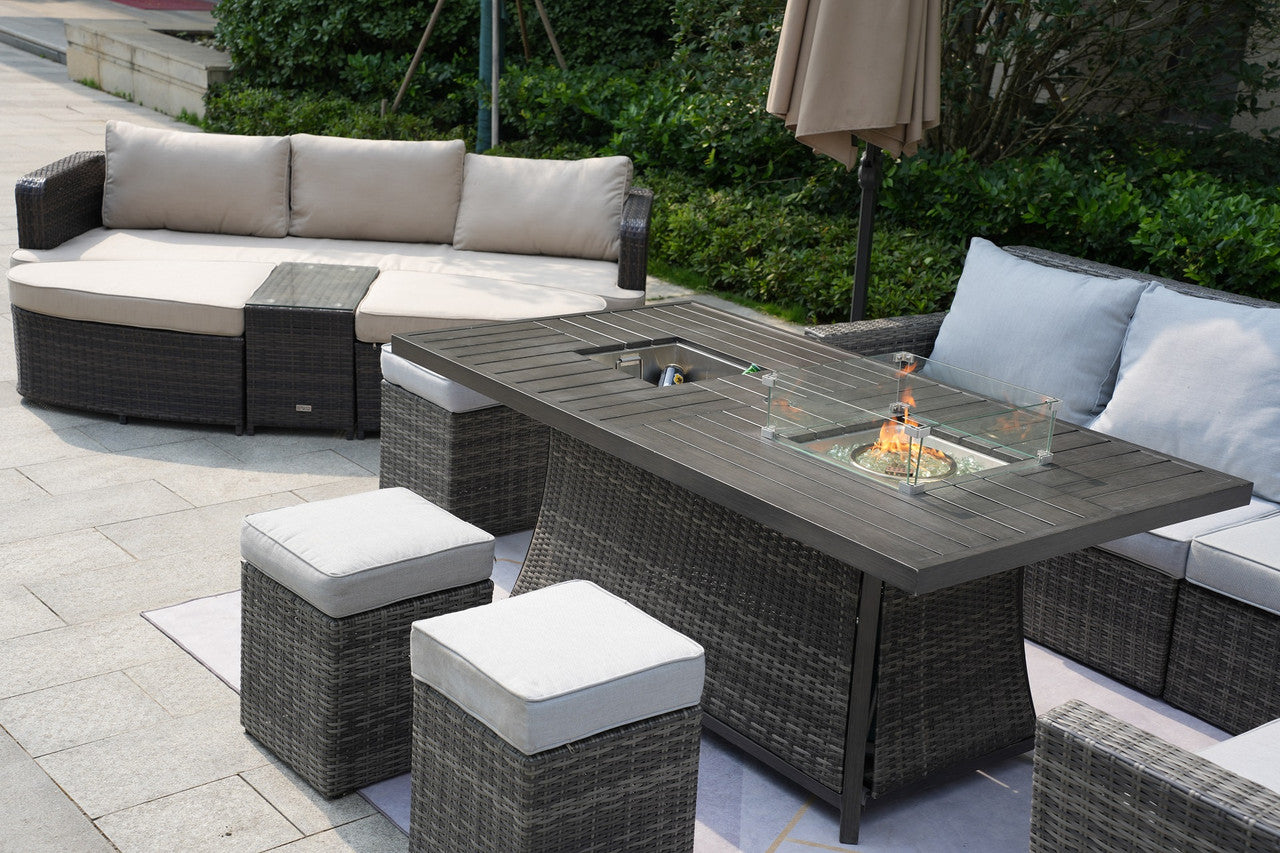 Direct Wicker Patio Gray Rattan Wicker Rectangular Firepit with Ice Table Set