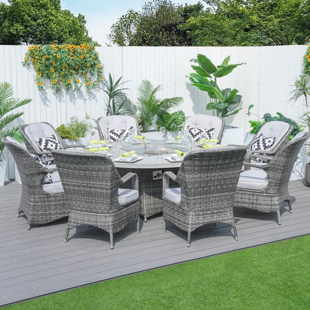 Direct Wicker's 8 Seats Round Fire Pit Set with Aluminium Tabletop & Rattan Chairs PAG-1108A