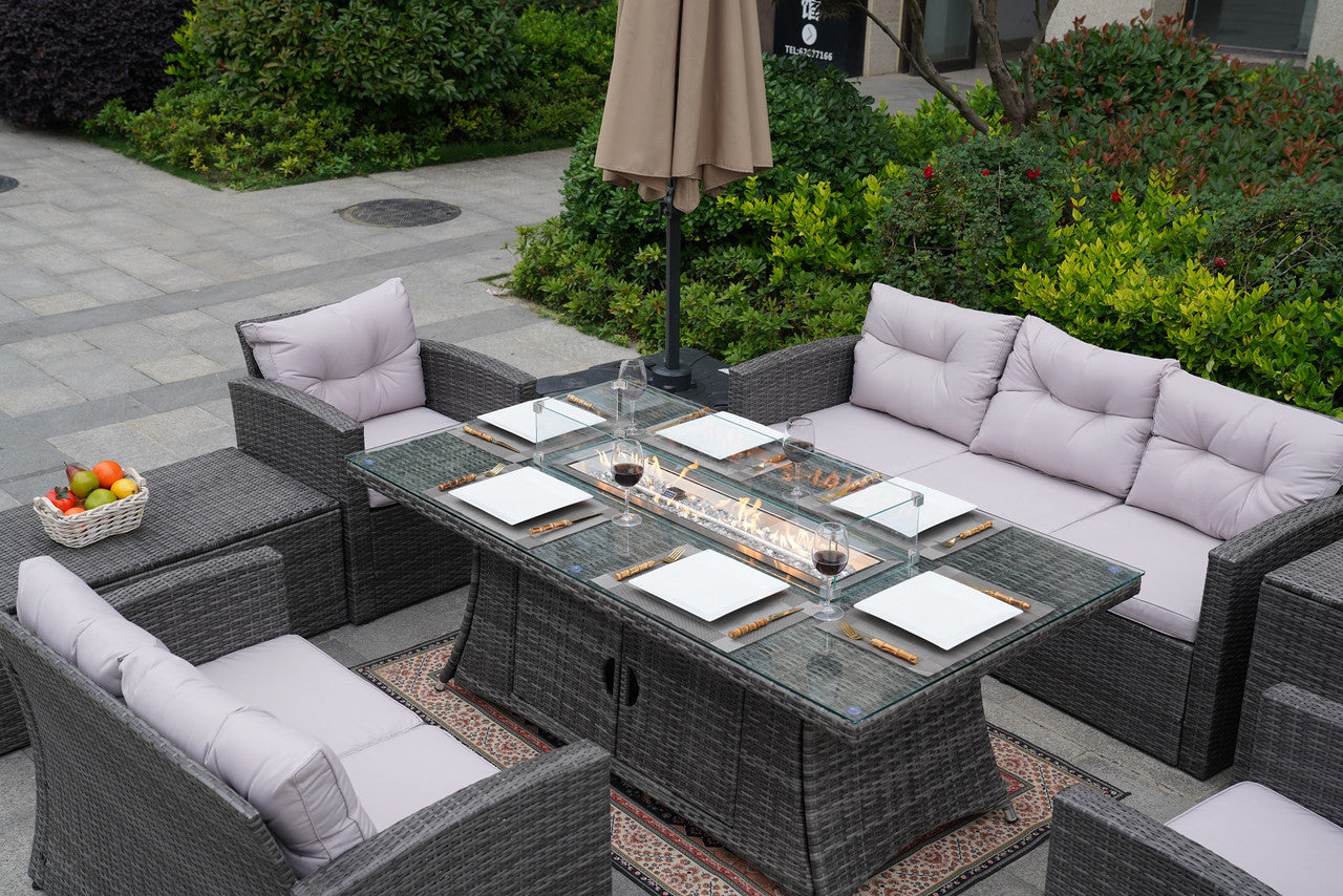 Direct Wicker Direct Wicker's Outdoor Patio Furniture Set with Rectangular Fire Pit Table in Elegant Brown or Chic Gray