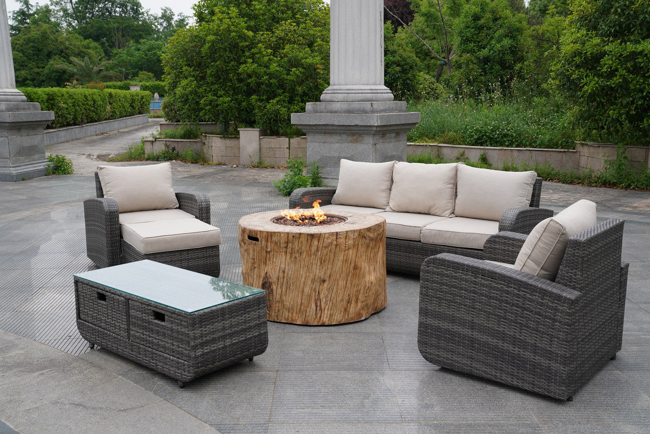 Direct Wicker 6-Piece Gray Wicker Patio Seating Sofa Set with Firepit Table