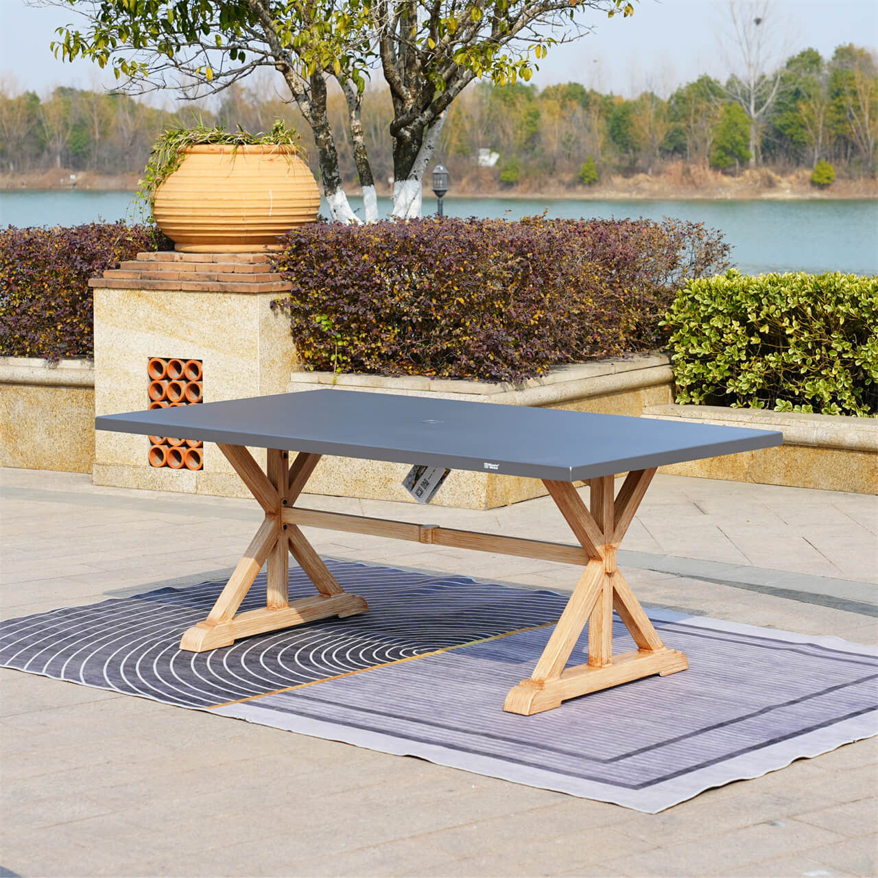 Direct Wicker Dining Table for 6 Aluminum Table Top in Gray with Wooden Frame