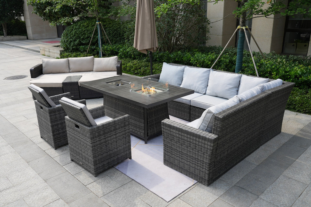 Direct Wicker Patio Gray Rattan Firepit & Ice Table and Foldable Chairs Dining Set