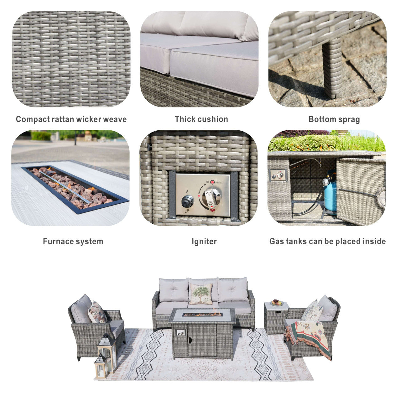 Direct Wicker 5-Piece Outdoor Patio Fire Pit Set Fire Pit Table with Seating Sofas in Gray