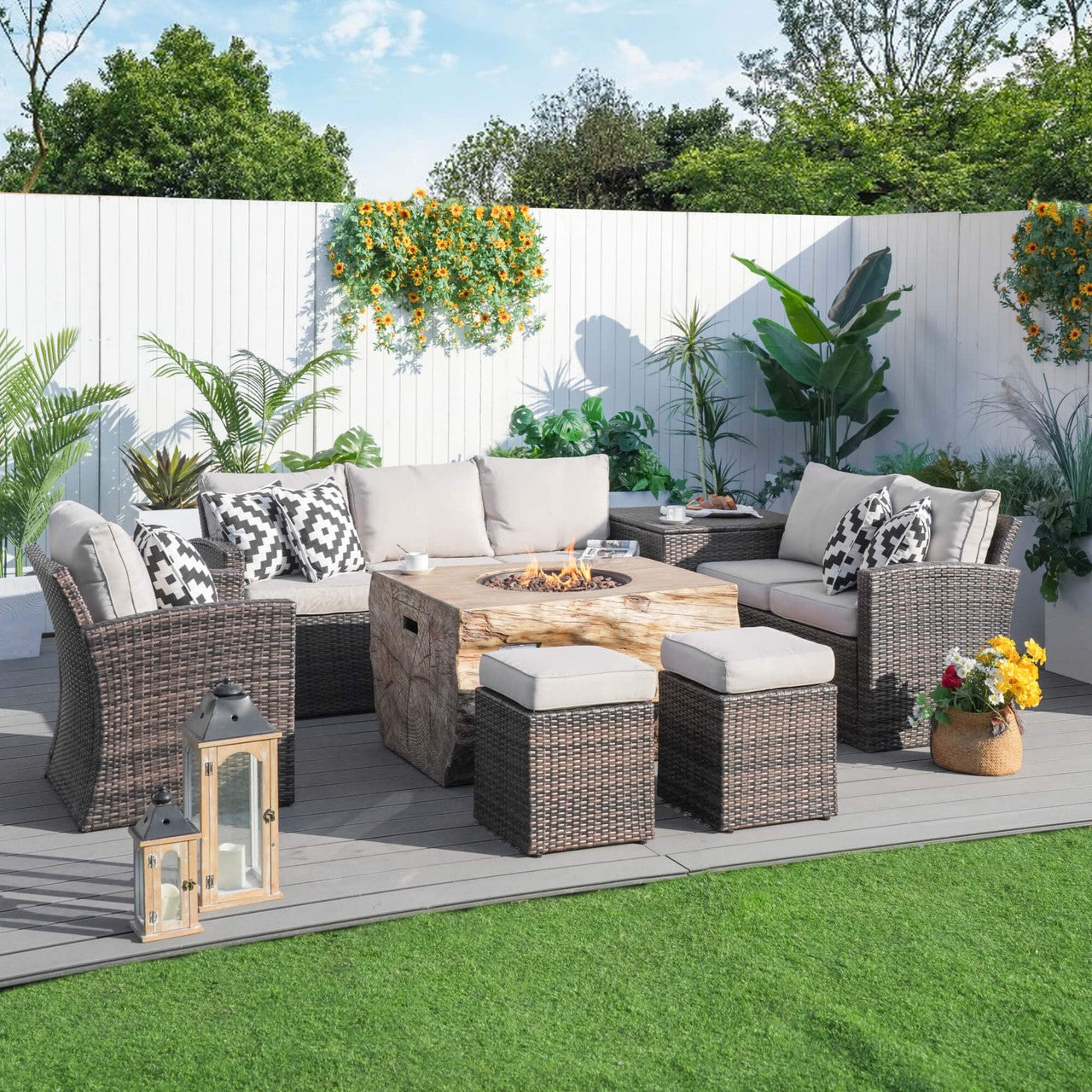 Direct Wicker's Patio Seating Sofa Set with Grain Fire Pit Table for Ultimate Comfort and Style