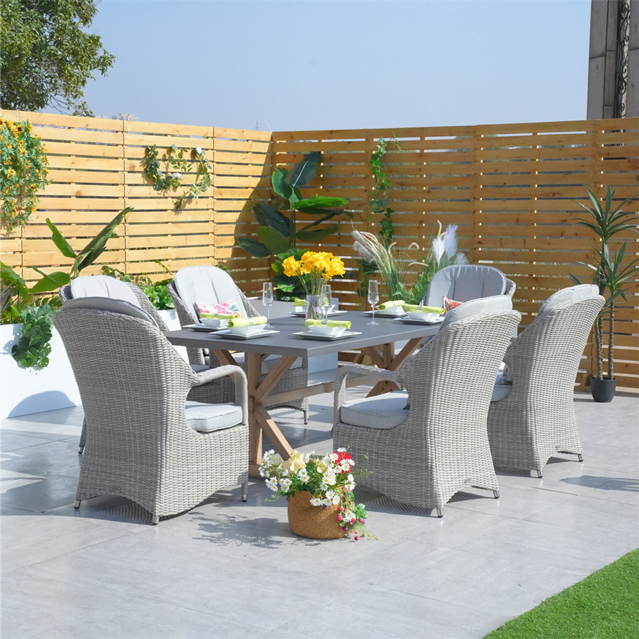 Direct Wicker Outdoor Dining Set Aluminum Table with 6 Rattan Chairs in Gray