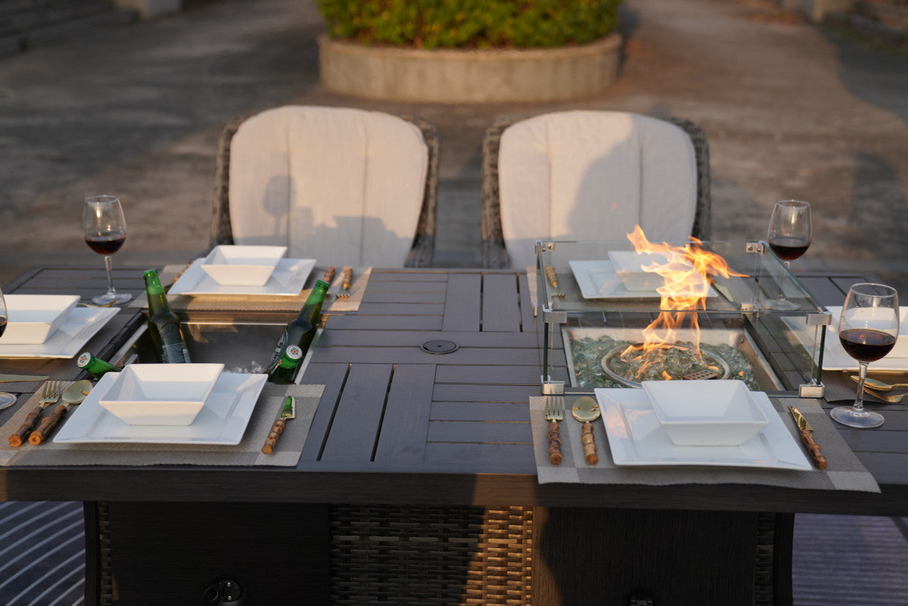 Direct Wicker 6-Seat Patio Gray Firepit and Ice Bucket Dining Table Set with Standard Height Chairs