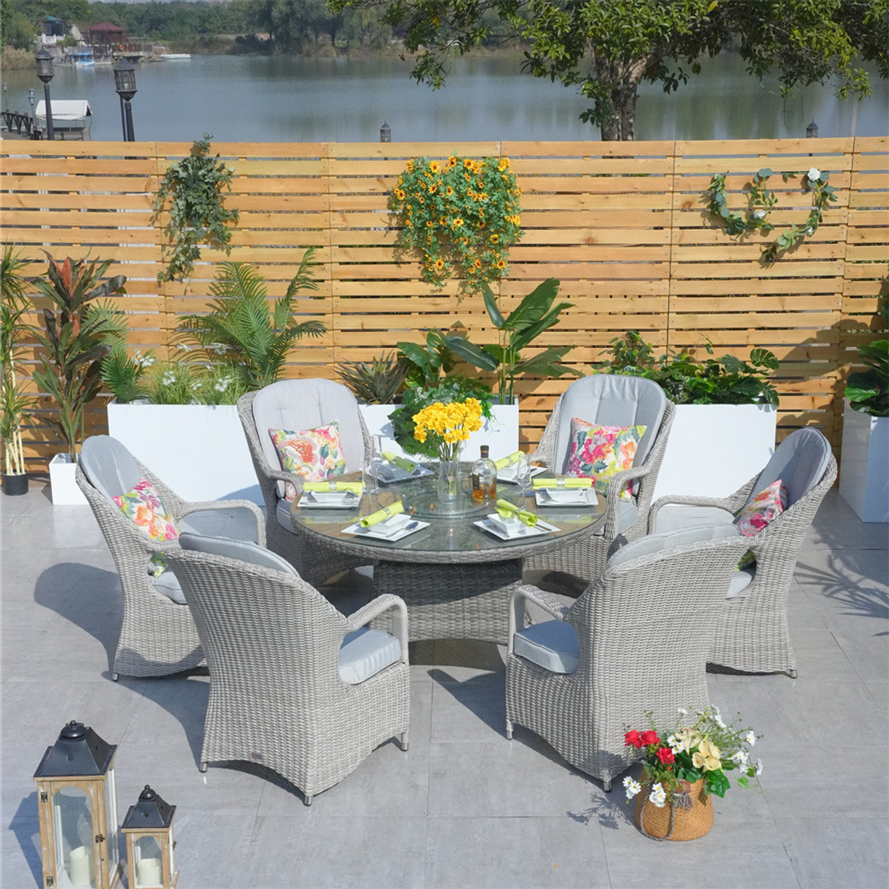 Direct Wicker Patio Wicker Dining Set with Round Table and Semi-circular Rattan Chairs