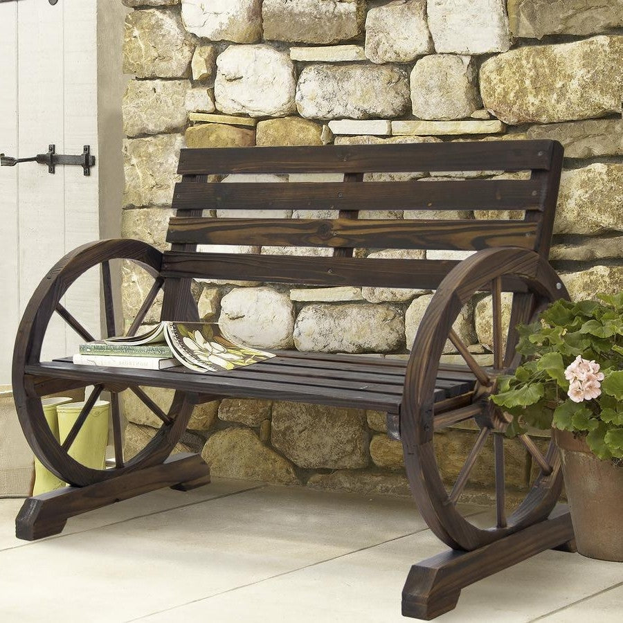 Fast Furnishings 2 Person Farmhouse Wagon Wheel Wooden Bench