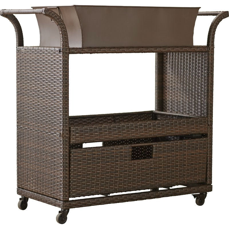 Fast Furnishings Outdoor Sturdy Resin Wicker Serving Bar Cart with Tray Brown Rattan