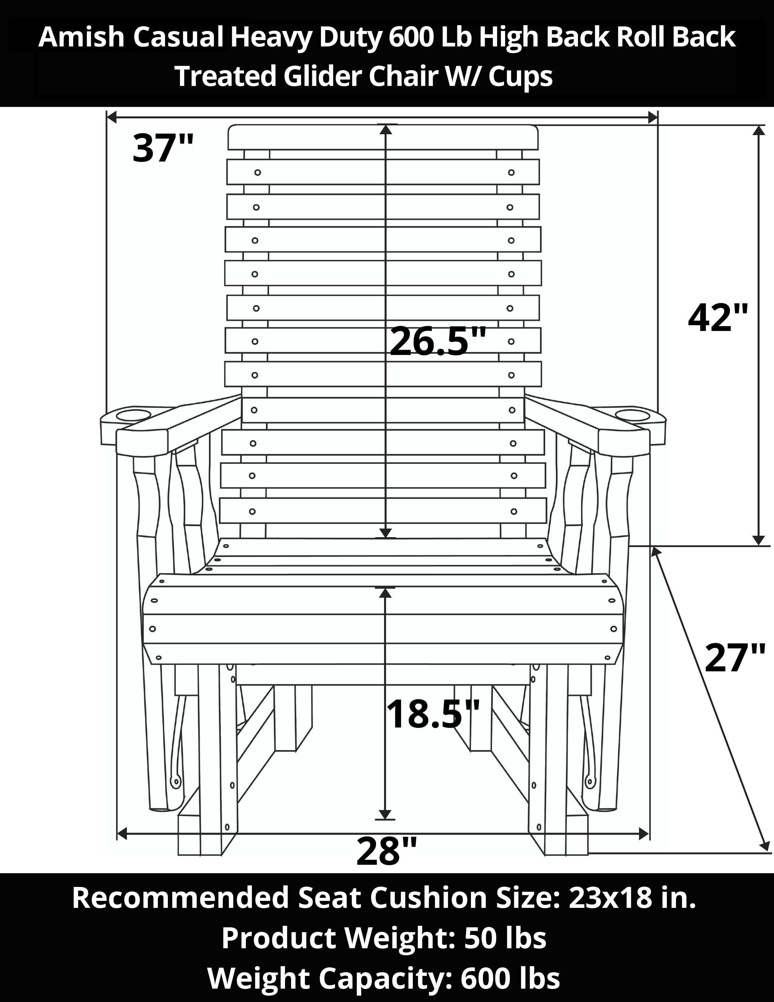 Amish Casual Heavy Duty 600 Lb High Back Roll Back Treated Glider Chair
