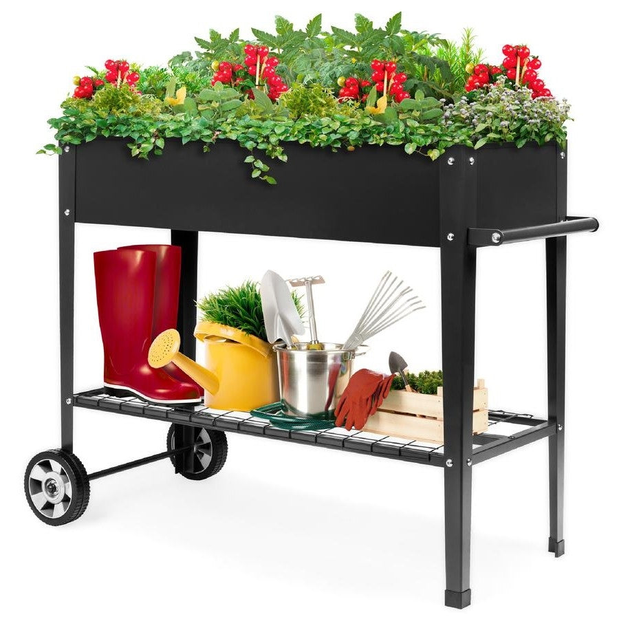 Fast Furnishings Mobile Black Metal Garden Potting Bench with Push Handle Wheels