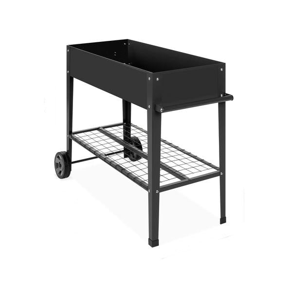 Fast Furnishings Mobile Black Metal Garden Potting Bench with Push Handle Wheels