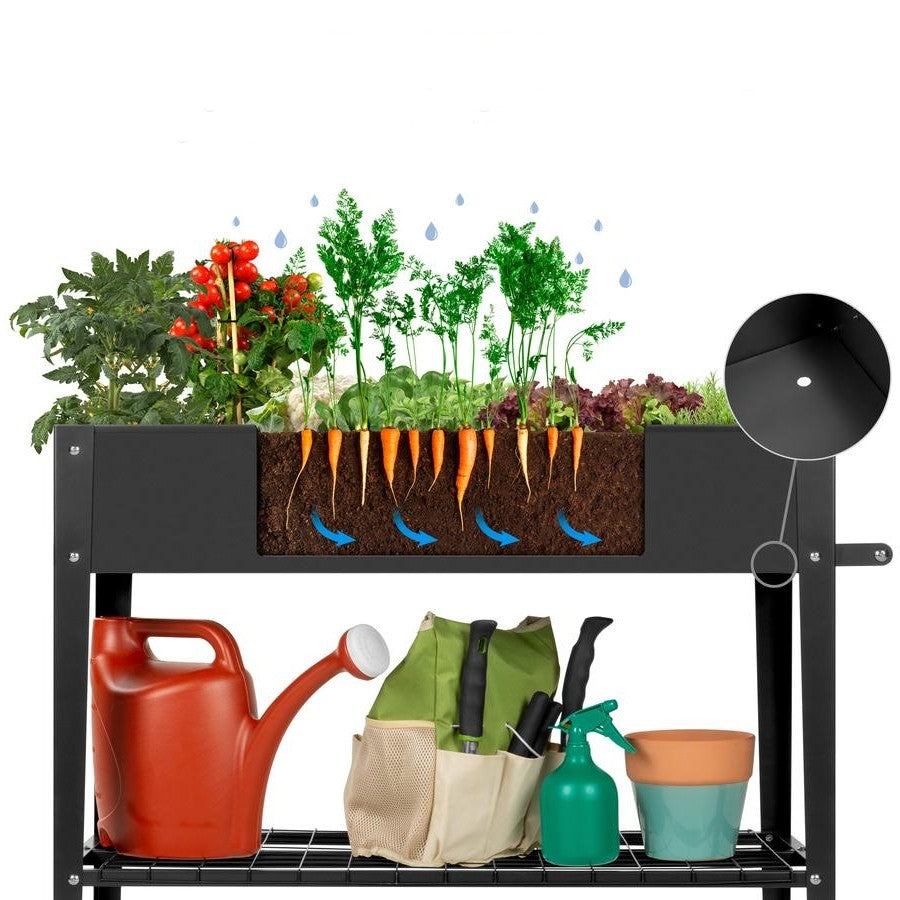 Fast Furnishings Mobile Black Metal Garden Potting Bench with Push Handle Wheels