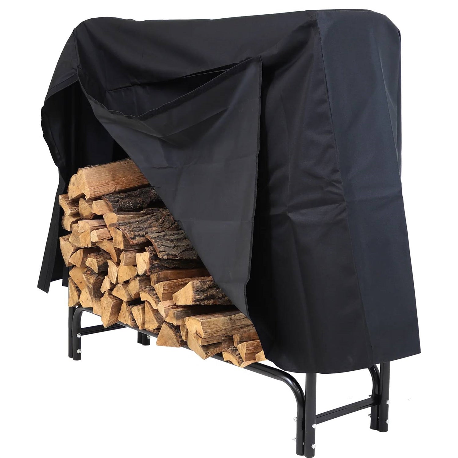 Fast Furnishings 4-Ft Indoor Outdoor Black Metal Firewood Holder Log Rack with Cover