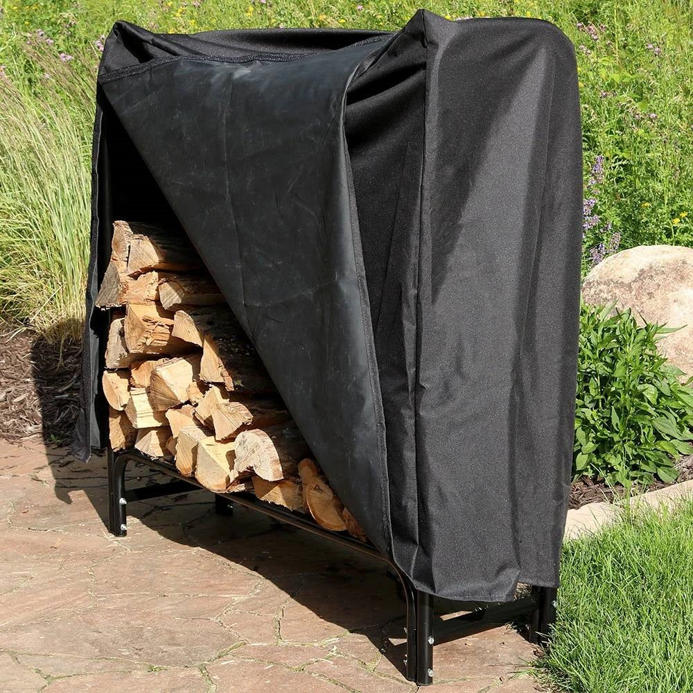 Fast Furnishings 4-Ft Indoor Outdoor Black Metal Firewood Holder Log Rack with Cover