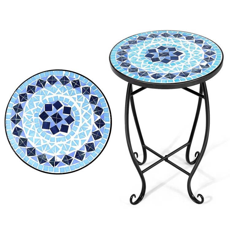 Fast Furnishings Indoor/Outdoor Blue Mosaic Round Side Accent Table Plant Stand