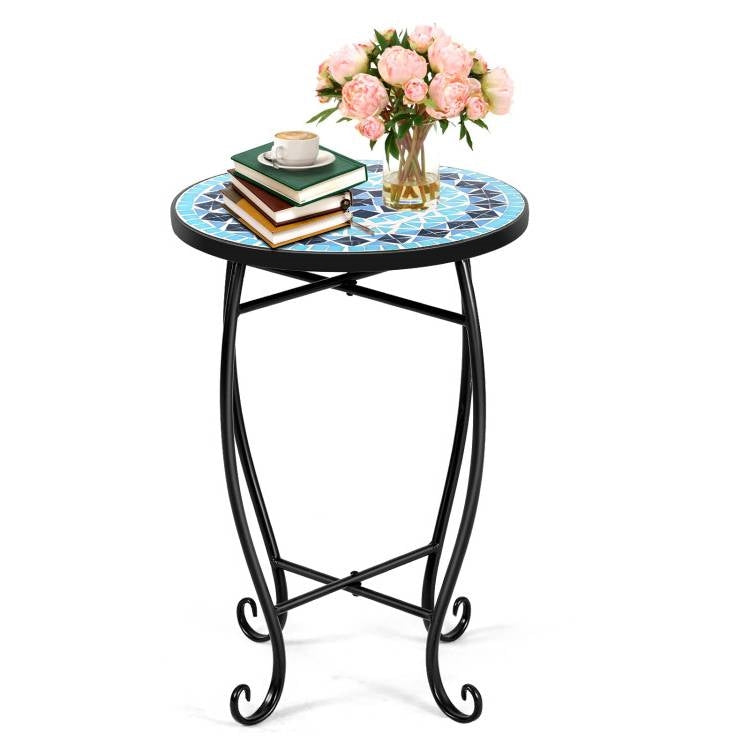 Fast Furnishings Indoor/Outdoor Blue Mosaic Round Side Accent Table Plant Stand