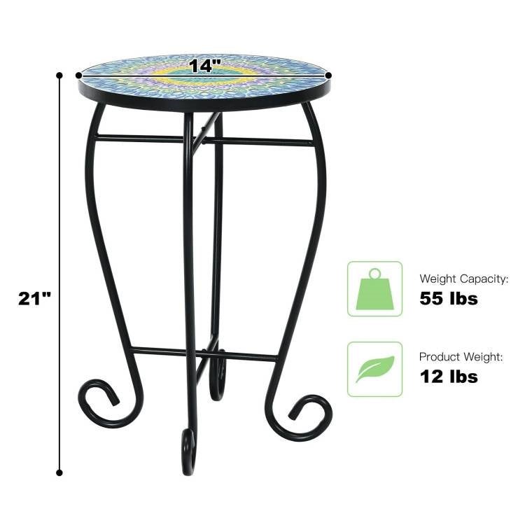 Fast Furnishings Indoor/Outdoor Blue Mosaic Round Side Accent Table Plant Stand