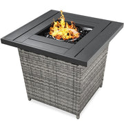 Fast Furnishings 50,000 BTU Grey Wicker LP Gas Propane Fire Pit w/ Faux Wood Tabletop and Cover