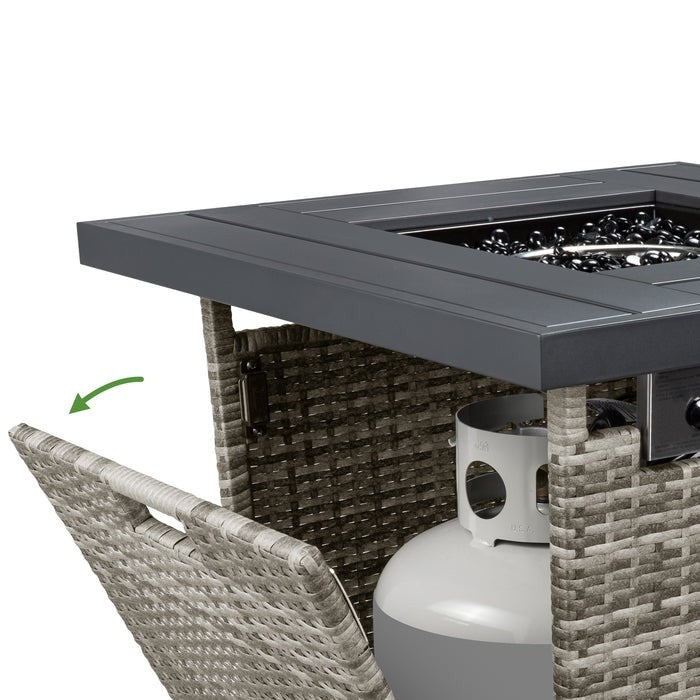 Fast Furnishings 50,000 BTU Grey Wicker LP Gas Propane Fire Pit w/ Faux Wood Tabletop and Cover