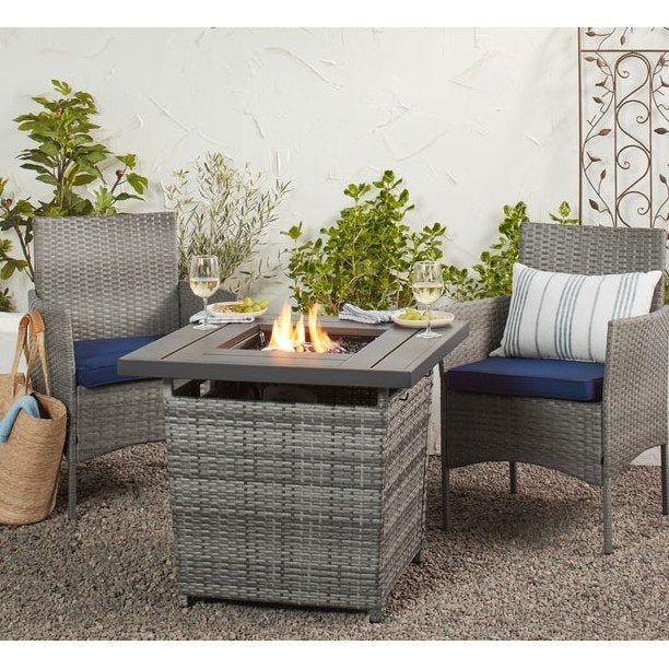 Fast Furnishings 50,000 BTU Grey Wicker LP Gas Propane Fire Pit w/ Faux Wood Tabletop and Cover