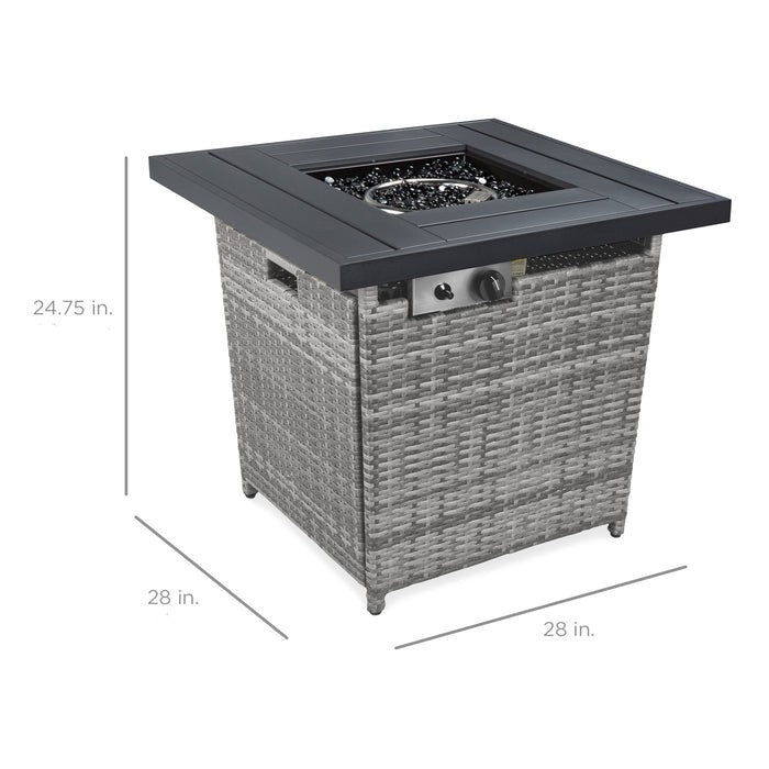 Fast Furnishings 50,000 BTU Grey Wicker LP Gas Propane Fire Pit w/ Faux Wood Tabletop and Cover