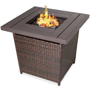 Fast Furnishings Brown Resin Wicker Fire Pit LP Gas Propane w/ Faux Wood Tabletop and Cover