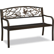 Fast Furnishings Outdoor Cast Iron Garden Bench in Bronze Metal Finish with Bird Pattern Backrest