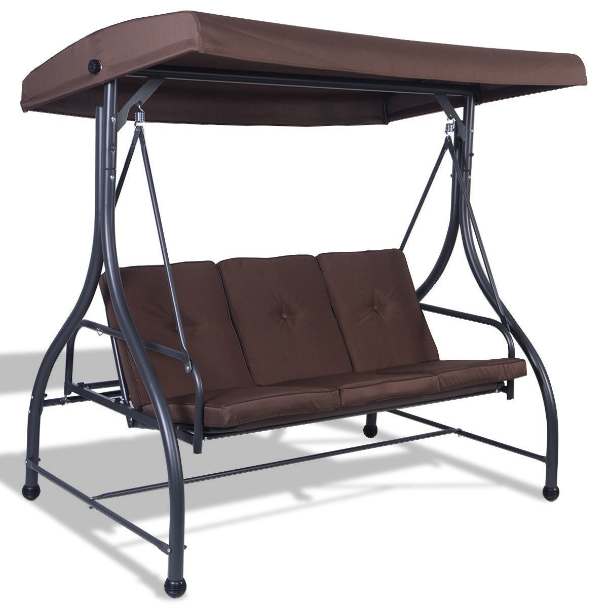 Fast Furnishings Brown Adjustable 3 Seat Cushioned Porch Patio Canopy Swing Chair