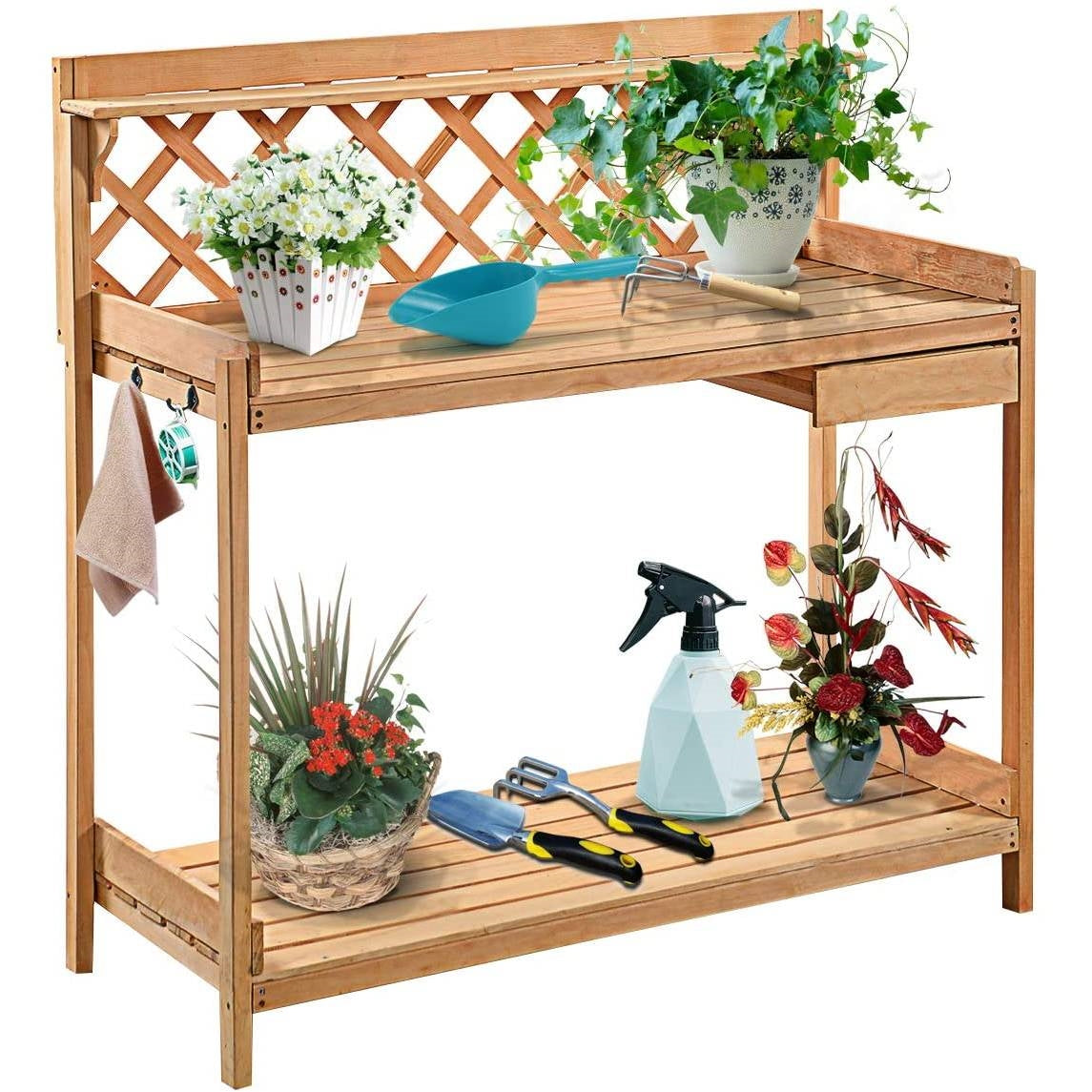 Fast Furnishings Solid Wood Garden Work Table Potting Bench in Natural Finish