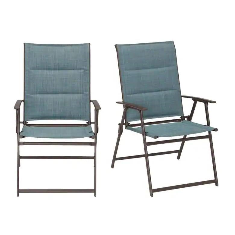 Fast Furnishings Set of 2 - Outdoor Folding Patio Dining Chair with Blue Denim Padded Seat