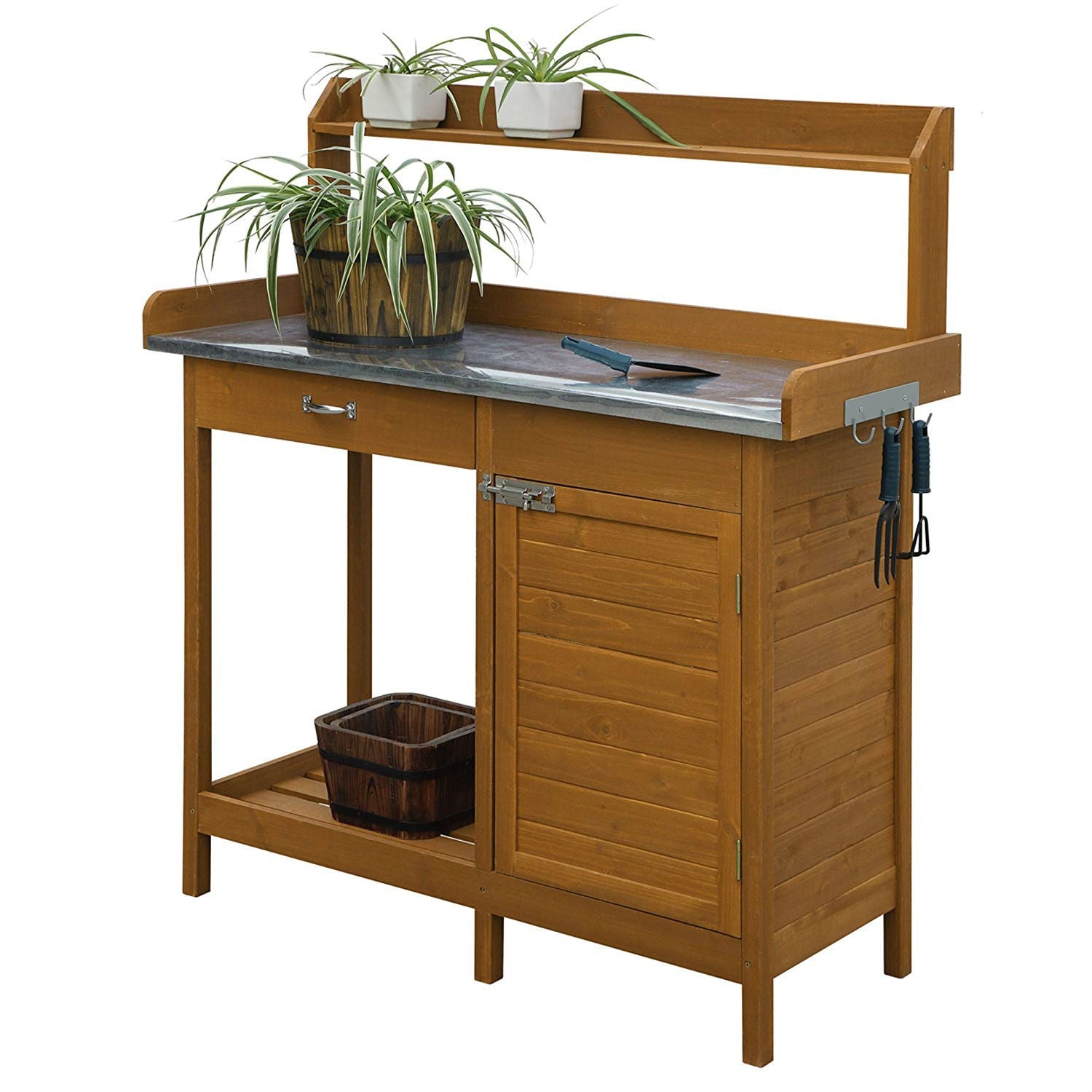 Fast Furnishings Outdoor Home Garden Potting Bench with Metal Table Top and Storage Cabinet