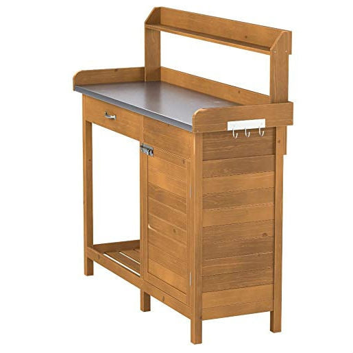 Fast Furnishings Outdoor Home Garden Potting Bench with Metal Table Top and Storage Cabinet