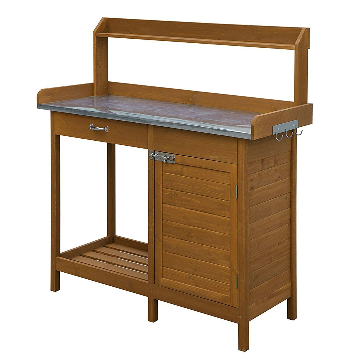 Fast Furnishings Outdoor Home Garden Potting Bench with Metal Table Top and Storage Cabinet